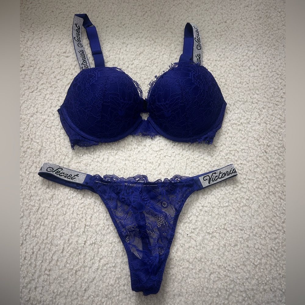 Victoria's Secret Royal Blue Lace Push-Up Bra & Thong Set